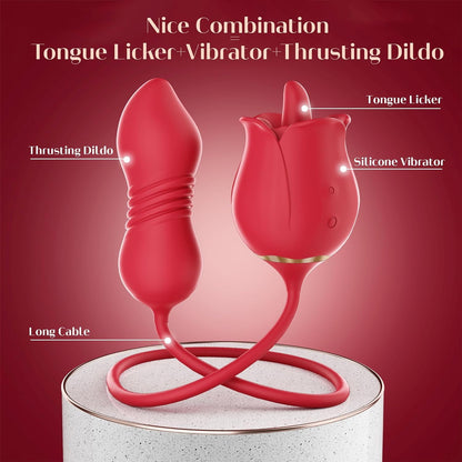 Rose Sex Toys Dildo Vibrator - 3In1 Adult Toys Sex Stimulator for Women with 9 Tongue Licking & Thrusting G Spot Vibrators, Adult Anal Sex Toy Clitoral Nipple Licker for Woman Man Couples